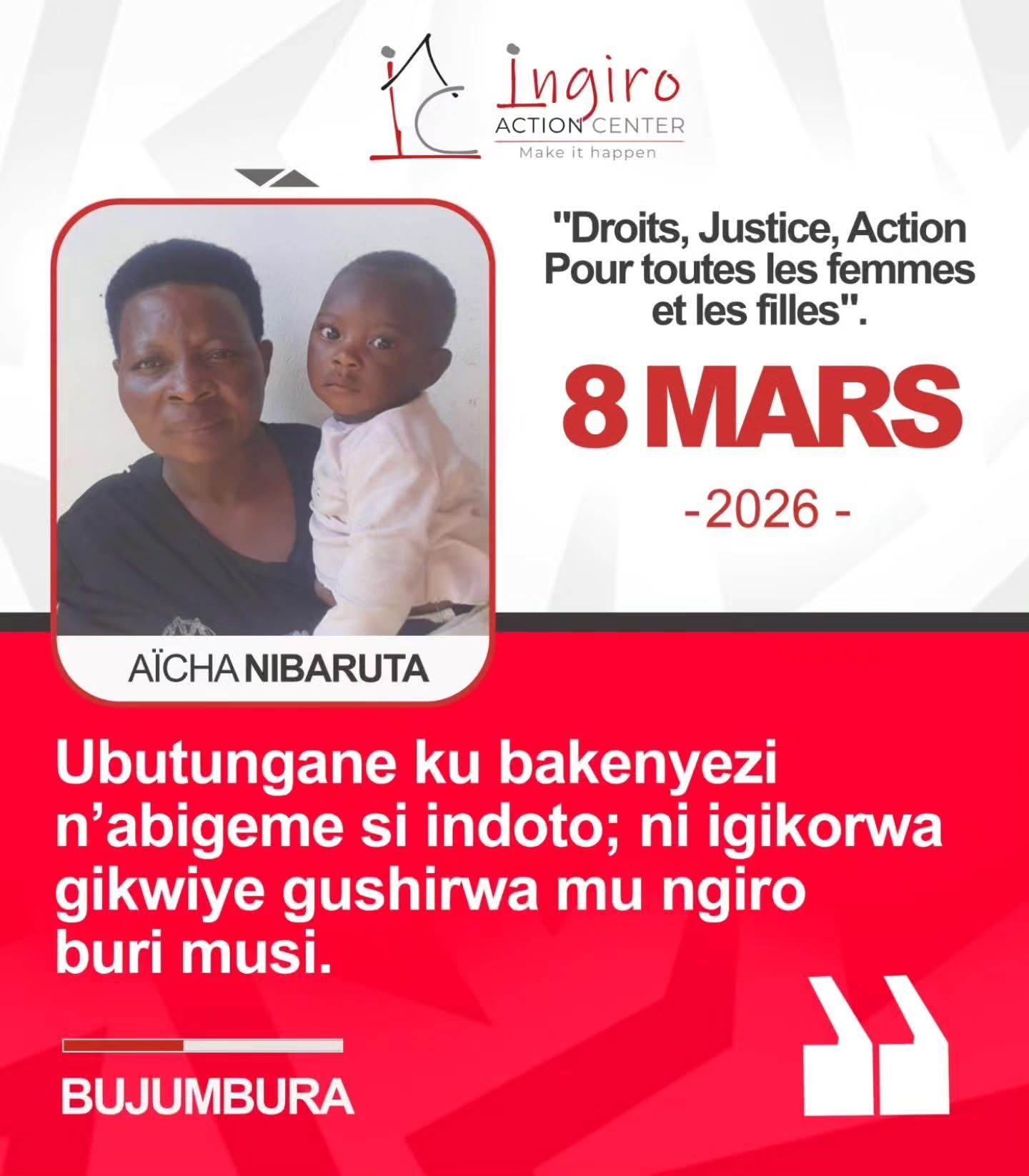 White and red portrait card with a woman’s photograph, the date 8 March 2026, and a block of Kirundi text.