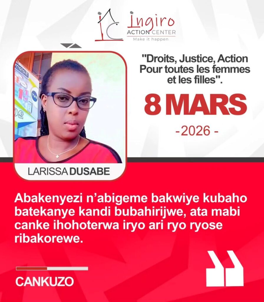 White and red portrait card with a woman wearing glasses and a short block of Kirundi text.