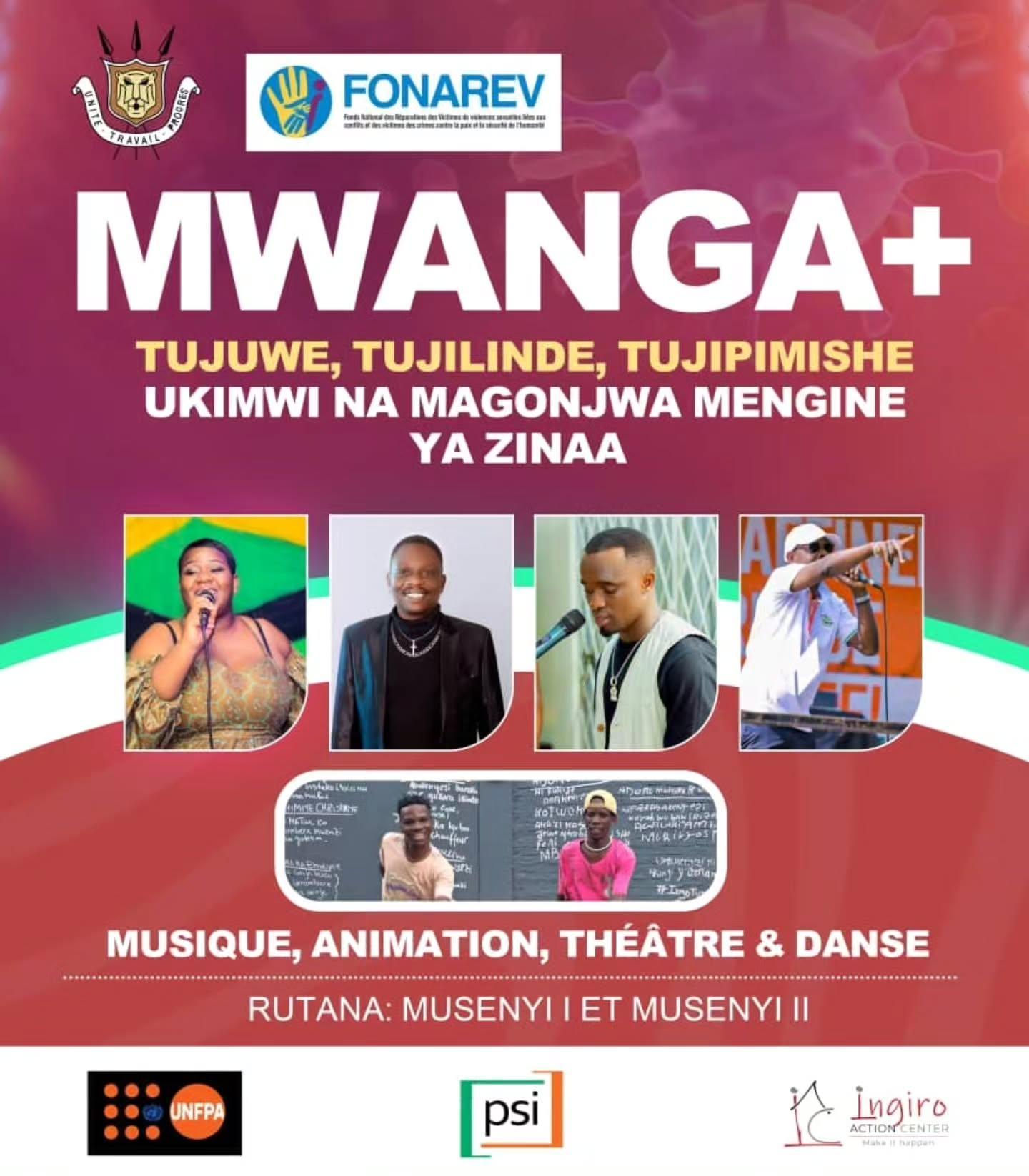 Purple and pink Mwanga+ campaign graphic with portrait photographs, logos and programme text.